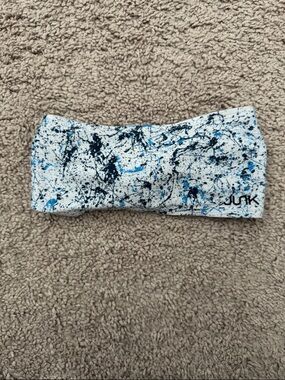White Headband with Blue Paint Splatter Design